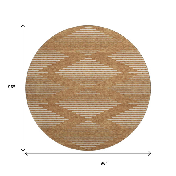 8' Rust And Beige Geometric Washable Round Rug With UV Protection