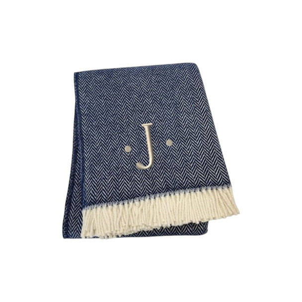 55" X 70" Navy Blue And White Herringbone Cotton Blend J Throw Blanket with Tassels And Embroidery
