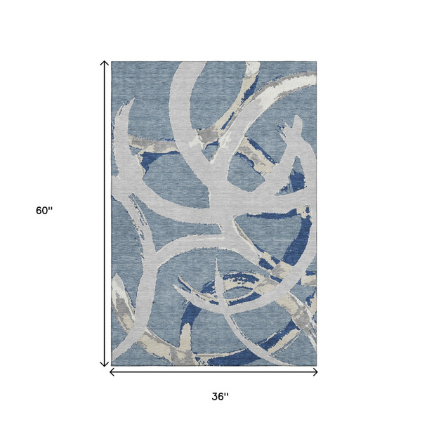 3' X 5' Denim Blue Gray And Ivory Abstract Washable Area Rug With UV Protection