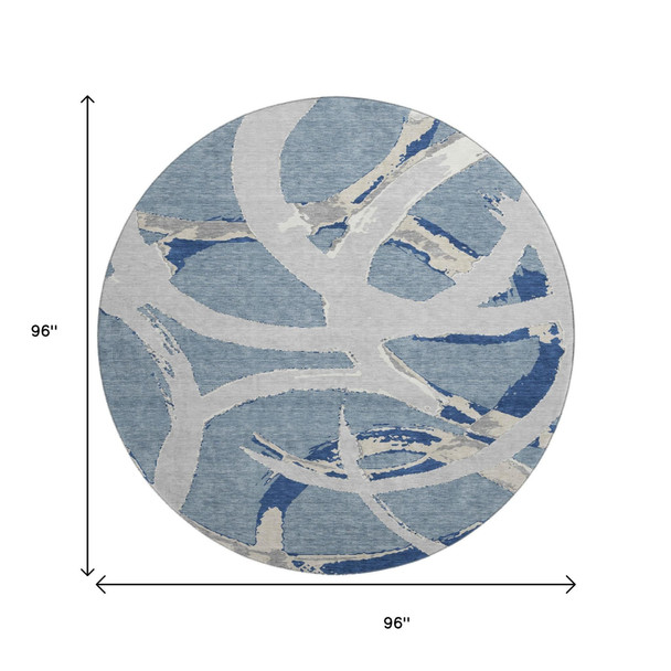 8' Denim Blue Gray And Ivory Abstract Washable Round Rug With UV Protection
