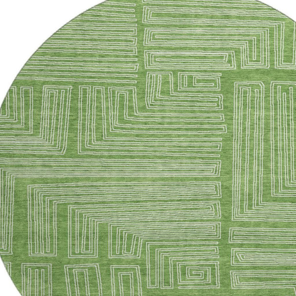 8' Green And Ivory Geometric Washable Round Rug With UV Protection