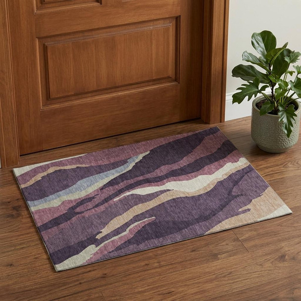 3' X 5' Plum Ivory And Gray Abstract Washable Area Rug With UV Protection