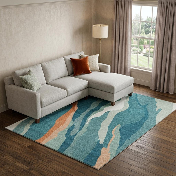 10' X 14' Teal Orange And Ivory Abstract Washable Area Rug With UV Protection