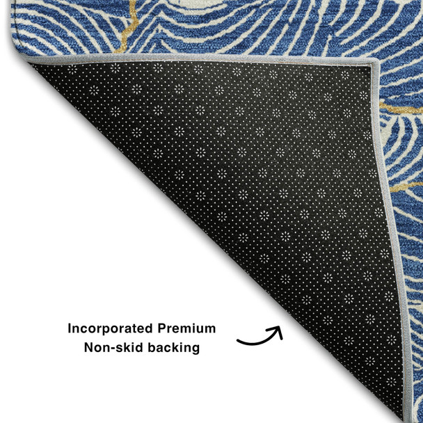 3' X 5' Blue Ivory And Gold Abstract Washable Area Rug With UV Protection