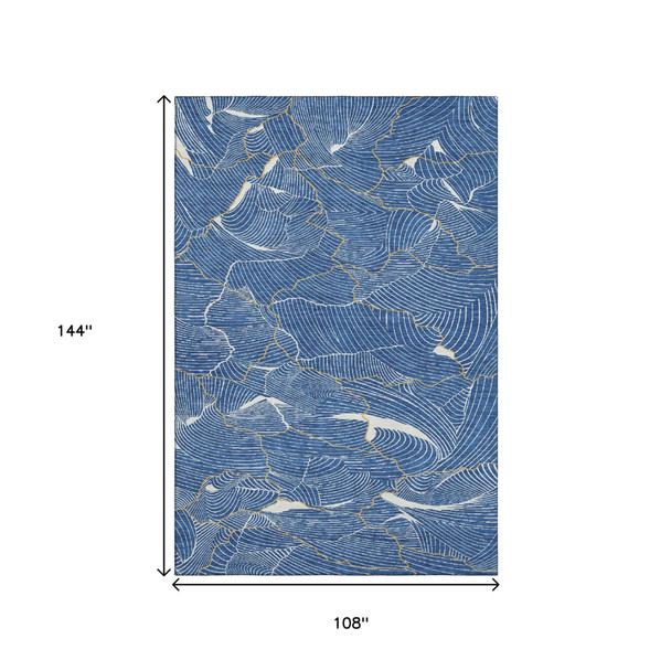 9' X 12' Blue Ivory And Gold Abstract Washable Area Rug With UV Protection