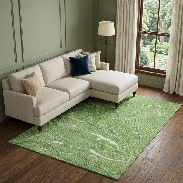 10' X 14' Green Ivory And Navy Blue Abstract Washable Area Rug With UV Protection