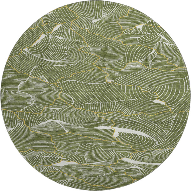8' Olive Green Ivory And Gold Abstract Washable Round Rug With UV Protection