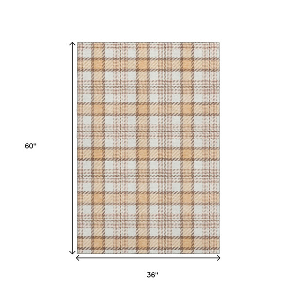 3' X 5' Peach Ivory And Brown Plaid Washable Area Rug With UV Protection