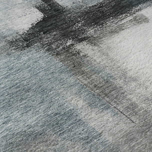 9' X 12' Blue Charcoal And Ivory Abstract Washable Area Rug With UV Protection