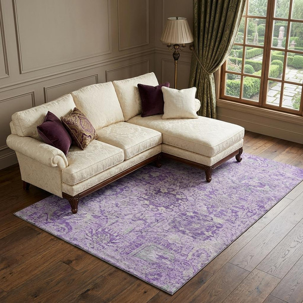 9' X 12' Lavender And Ivory Damask Washable Area Rug With UV Protection