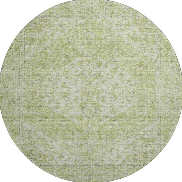 8' Sage And Beige Medallion Washable Round Rug With UV Protection