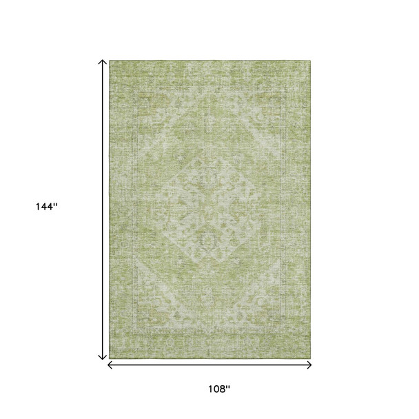 9' X 12' Sage And Beige Medallion Washable Area Rug With UV Protection