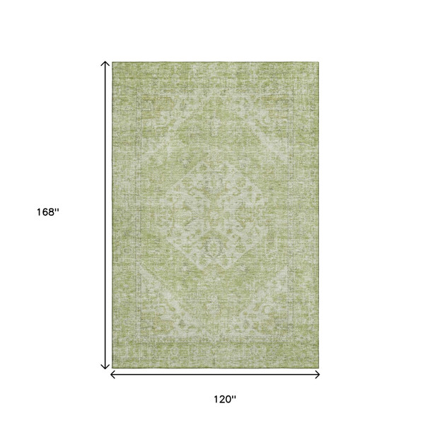 10' X 14' Sage And Beige Medallion Washable Area Rug With UV Protection