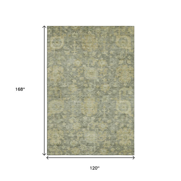 10' X 14' Sage And Gold Damask Washable Area Rug With UV Protection