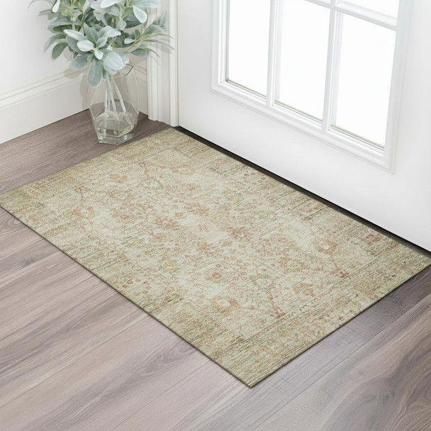 3' X 5' Beige And Coral Oriental Washable Area Rug With UV Protection