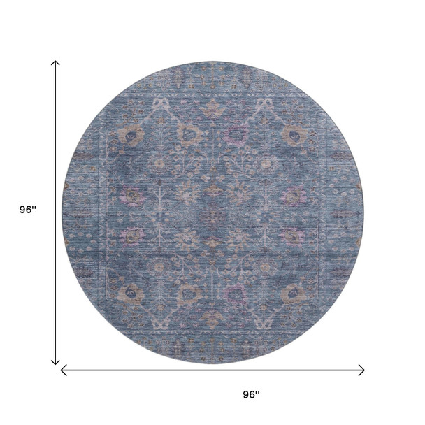 8' Blue And Brown Oriental Washable Round Rug With UV Protection