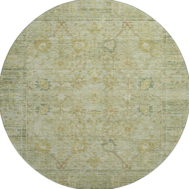 8' Sage Gray And Gold Oriental Washable Round Rug With UV Protection