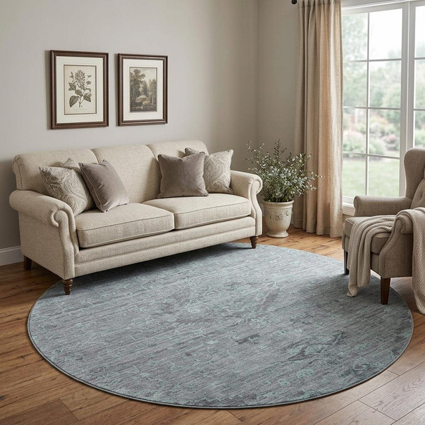 8' Teal And Gray Medallion Washable Round Rug With UV Protection