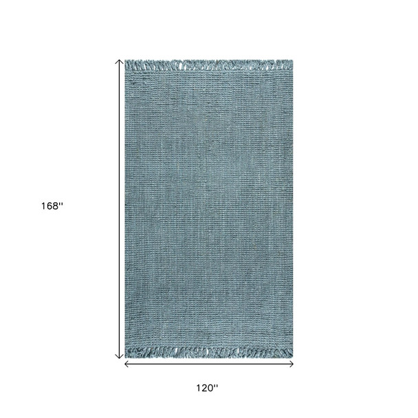 10' X 14' Light Blue Jute Handmade Area Rug With Fringe