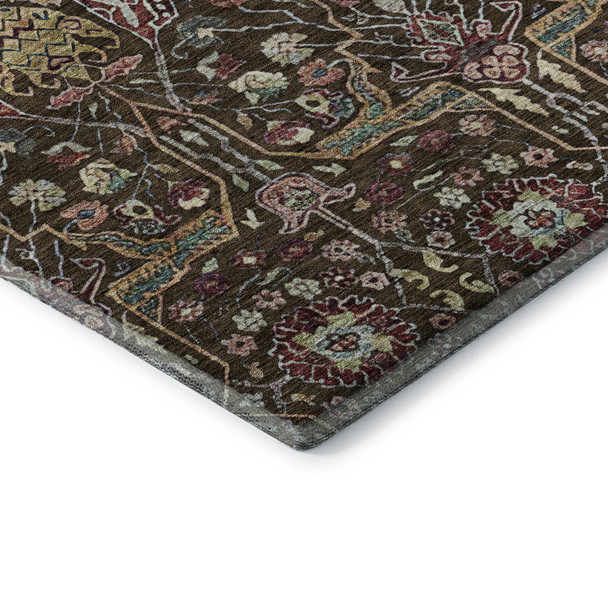 5' X 8' Chocolate Gold And Teal Floral Washable Area Rug With UV Protection