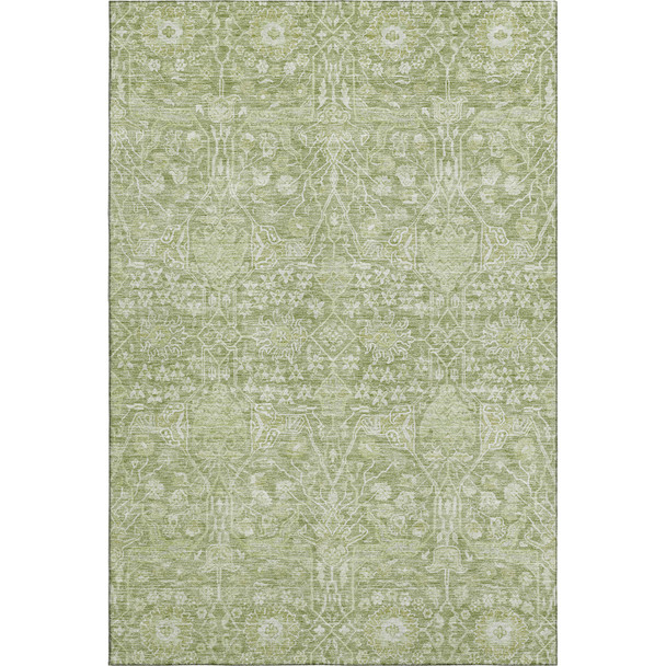 9' X 12' Artichoke Green And Beige Floral Washable Area Rug With UV Protection