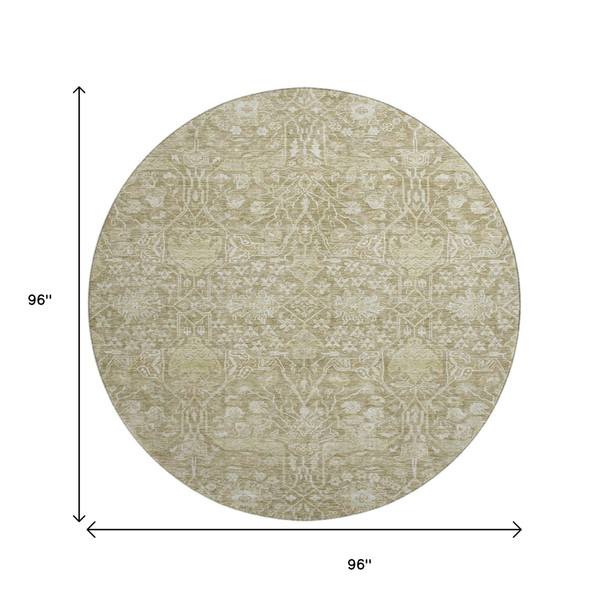 8' Taupe And Beige Floral Washable Round Rug With UV Protection