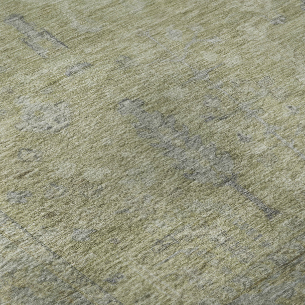 3' X 5' Artichoke Green And Gray Oriental Washable Area Rug With UV Protection