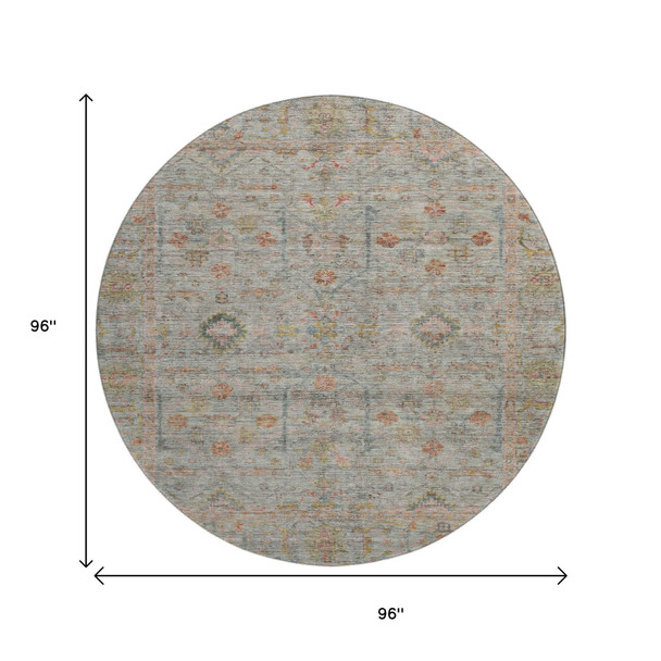 8' Taupe Teal And Coral Floral Washable Round Rug With UV Protection