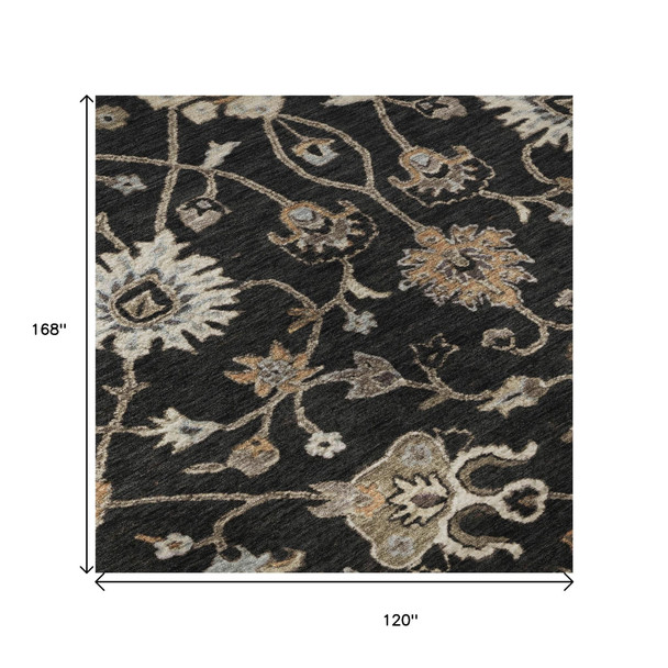 10' X 14' Black Ivory And Beige Floral Washable Area Rug With UV Protection