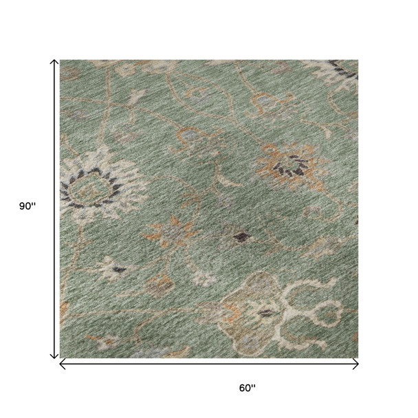 5' X 8' Artichoke Green Copper And Beige Floral Washable Area Rug With UV Protection