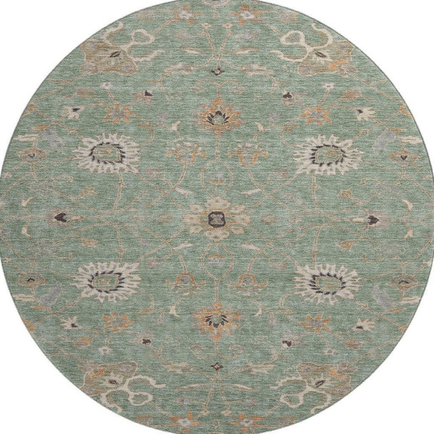 8' Artichoke Green Copper And Beige Floral Washable Round Rug With UV Protection