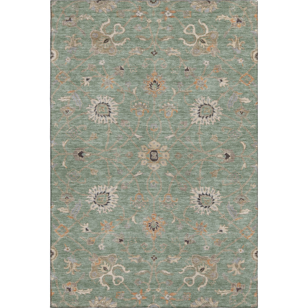 9' X 12' Artichoke Green Copper And Beige Floral Washable Area Rug With UV Protection