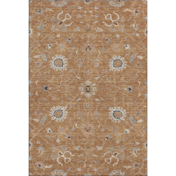 8' X 10' Copper Beige And Denim Blue Floral Washable Area Rug With UV Protection