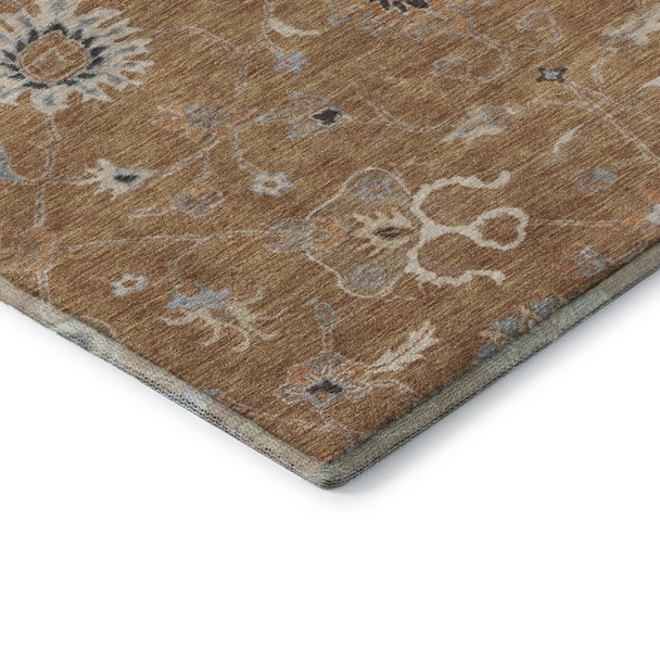 9' X 12' Copper Beige And Denim Blue Floral Washable Area Rug With UV Protection