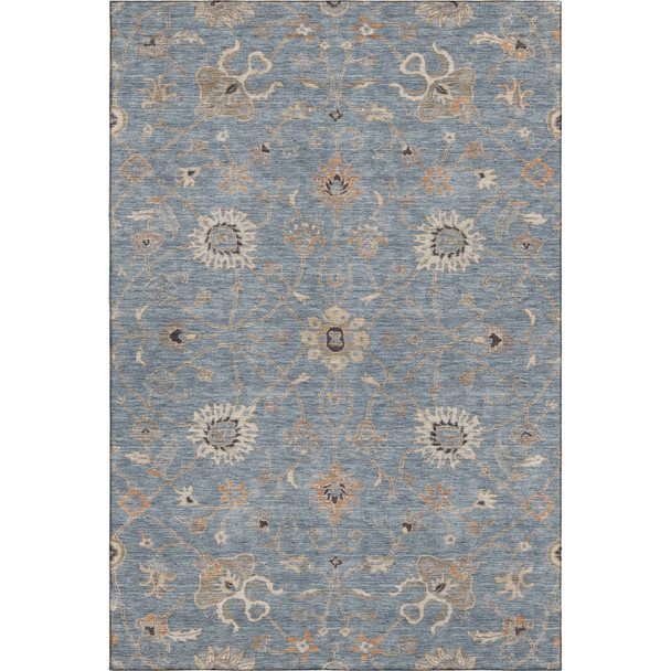 9' X 12' Denim Blue Beige And Copper Floral Washable Area Rug With UV Protection