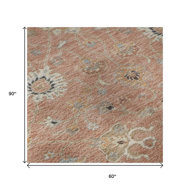 5' X 8' Pink Denim Blue And Silver Floral Washable Area Rug With UV Protection