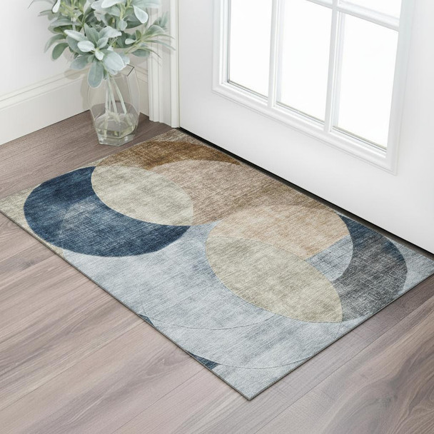 3' X 5' Sky Blue Brown And Beige Geometric Washable Area Rug With UV Protection