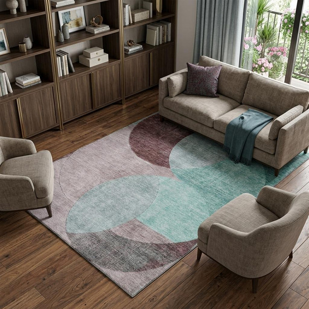 8' X 10' Teal Mauve And Blush Geometric Washable Area Rug With UV Protection
