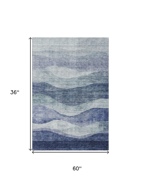 3' X 5' Blue And Sky Blue Abstract Washable Area Rug With UV Protection