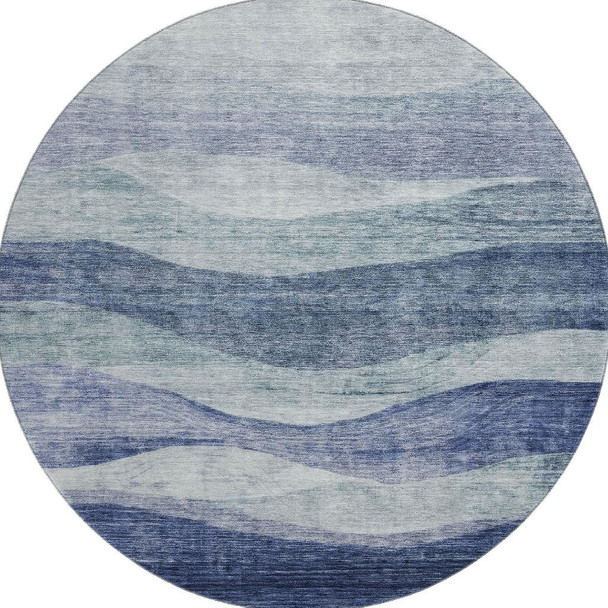8' Blue And Sky Blue Abstract Washable Round Rug With UV Protection