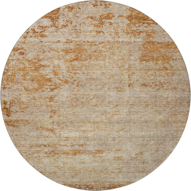 8' Copper And Beige Abstract Washable Round Rug With UV Protection