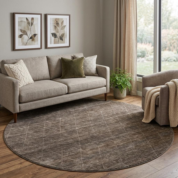 8' Coffee And Beige Geometric Washable Round Rug With UV Protection