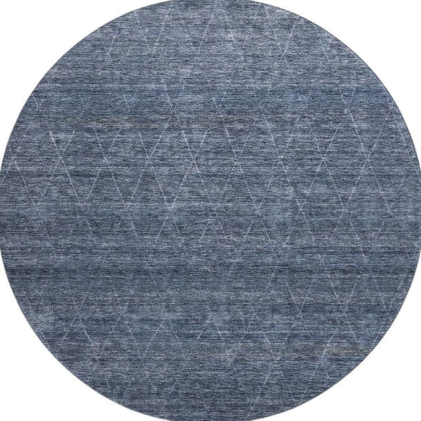 8' Navy Blue And Beige Geometric Washable Round Rug With UV Protection