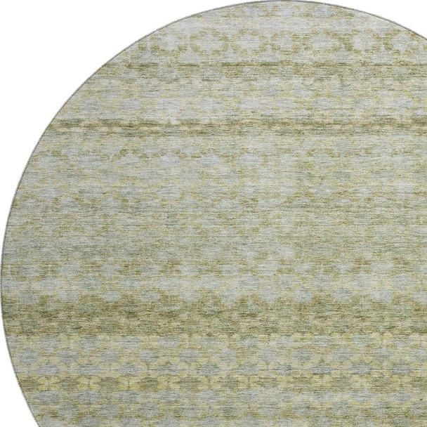 8' Artichoke Green Gray And Beige Striped Washable Round Rug With UV Protection