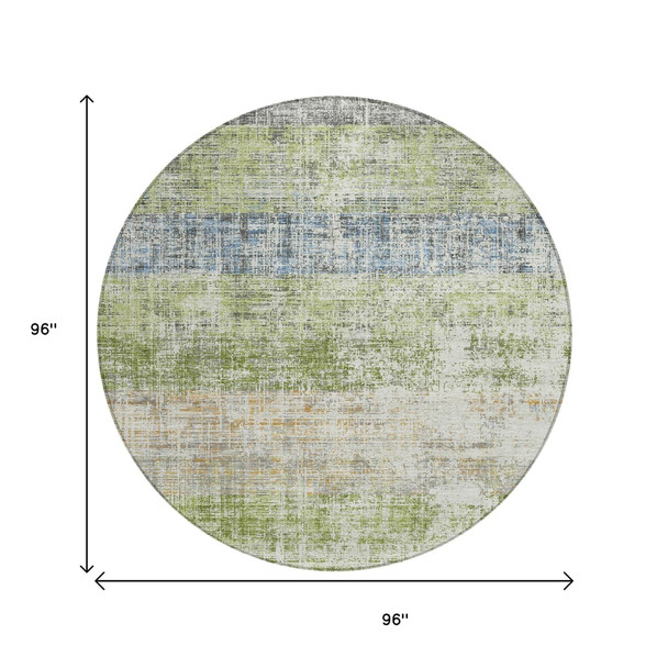 8' Green Ivory And Blue Round Striped Washable Indoor Outdoor Area Rug