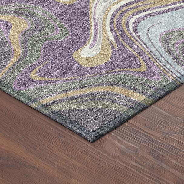 3' X 5' Purple Ivory And Gold Abstract Washable Indoor Outdoor Area Rug