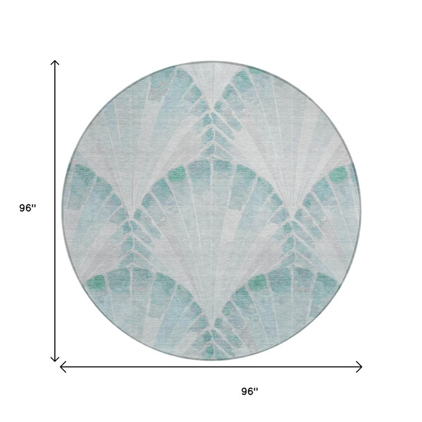 8' Teal Blue And Ivory Round Seashell Washable Indoor Outdoor Area Rug