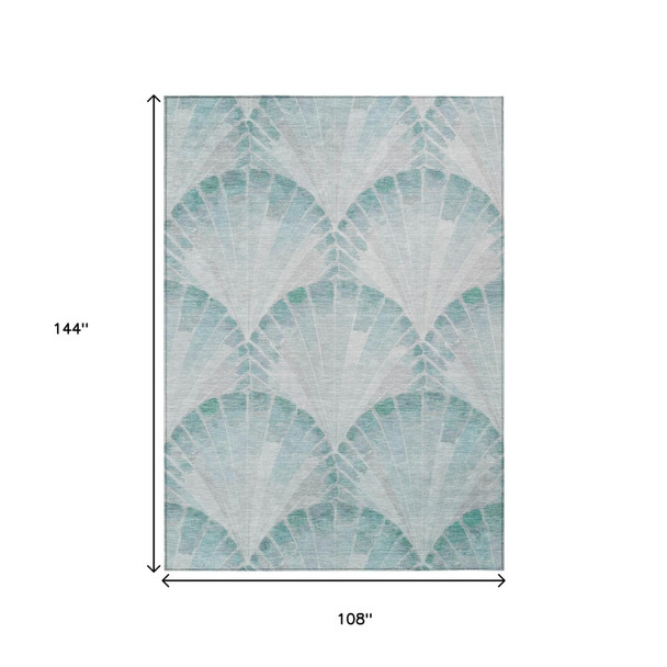 9' X 12' Teal Blue And Ivory Seashell Washable Indoor Outdoor Area Rug
