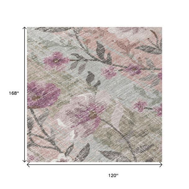 10' X 14' Blush Silver And Mauve Floral Washable Indoor Outdoor Area Rug