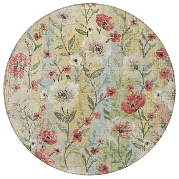 8' Tan Red And Wheat Round Floral Washable Indoor Outdoor Area Rug